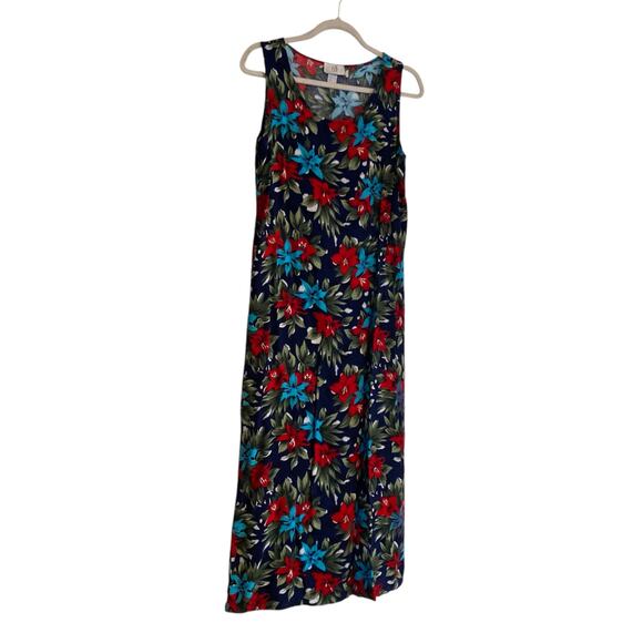 Vintage 80s Blue Red Hawaiian Floral Flowing Rayon Sheath Sundress Size Medium - Picture 3 of 15